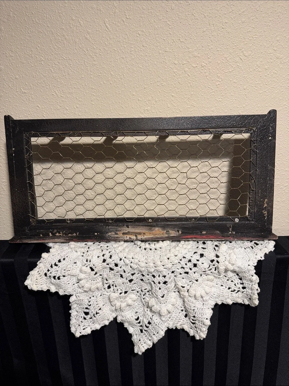 Rustic Black Wall Shelf with Chicken Wire and Hooks